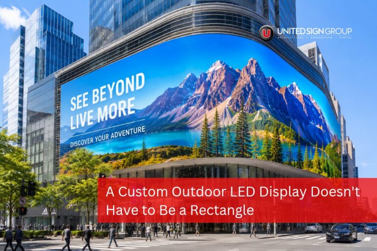 Curved custom outdoor LED display wrapped around a building facade